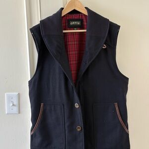 Orvis Hyde Park Knit Collar Vest Gilet Men's L Plaid Lining Wool Blend Navy Blue